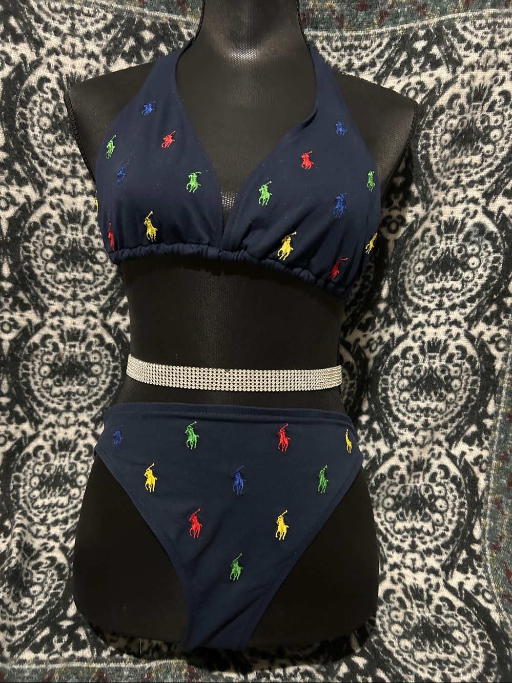 Vintage by Ralph Lauren Navy-bikini with Multicolor Embroidered Ponies